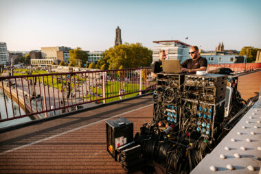 Av technicians working at John Frost Bridge.